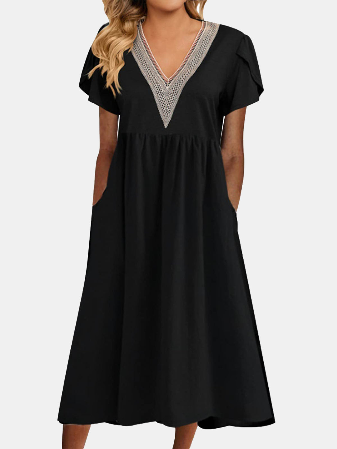 Full Size Lace Detail V-Neck Short Sleeve Dress