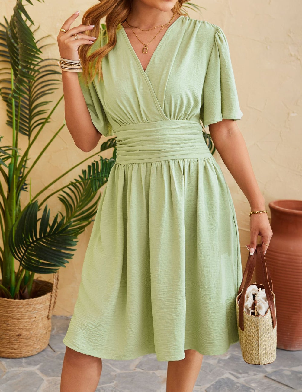 Ruched Surplice Short Sleeve Dress