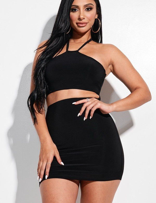 Solid Knit Double Layered Halter Neck Mini Dress With Front Cut Out