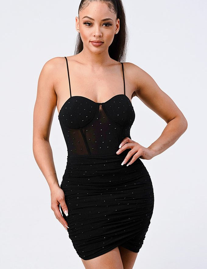 Luxe Glitter Front Mesh Ribbed Cami Mini Dress