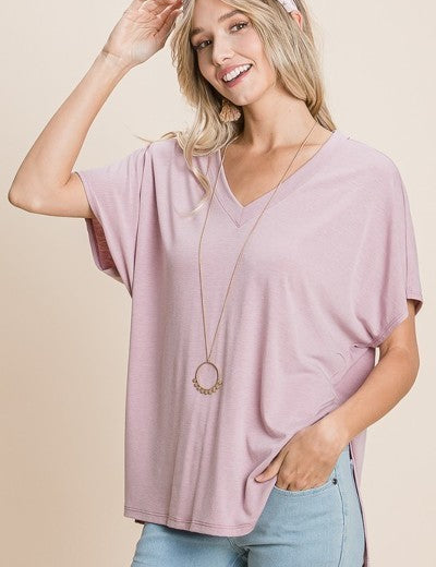 Solid V Neck Casual And Basic Top With Short Dolman Sleeves And Side Slit Hem