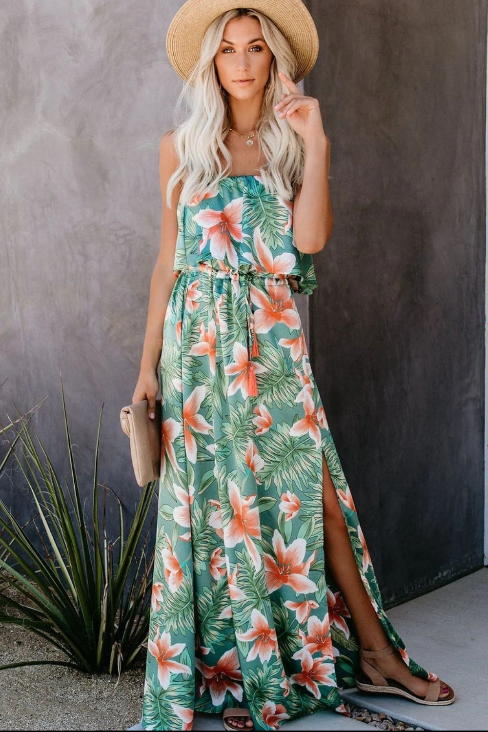 Slit Tropical Sleeveless Tube Dress