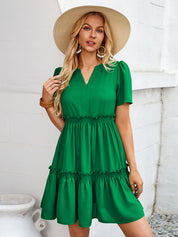 Frill Notched Short Sleeve Mini Dress