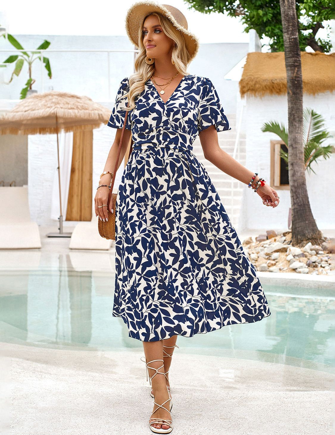 Printed Surplice Short Sleeve Midi Dress