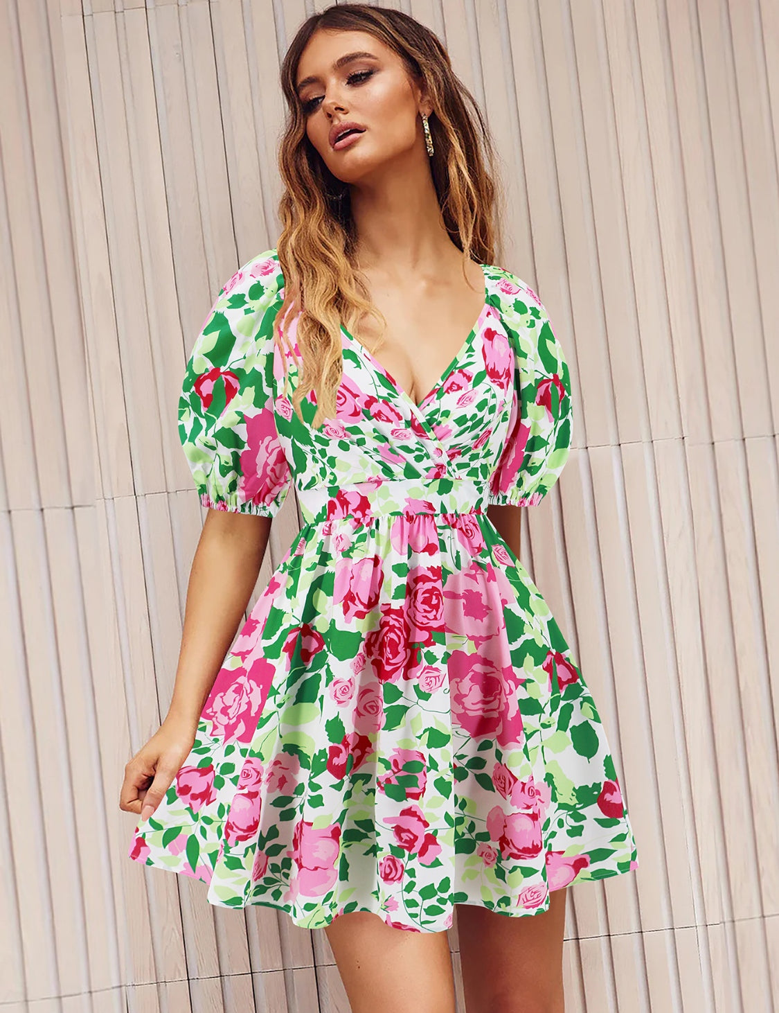 Printed Surplice Short Sleeve Dress