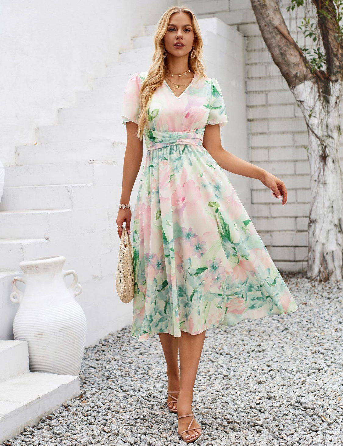 Printed V-Neck Short Sleeve Midi Dress