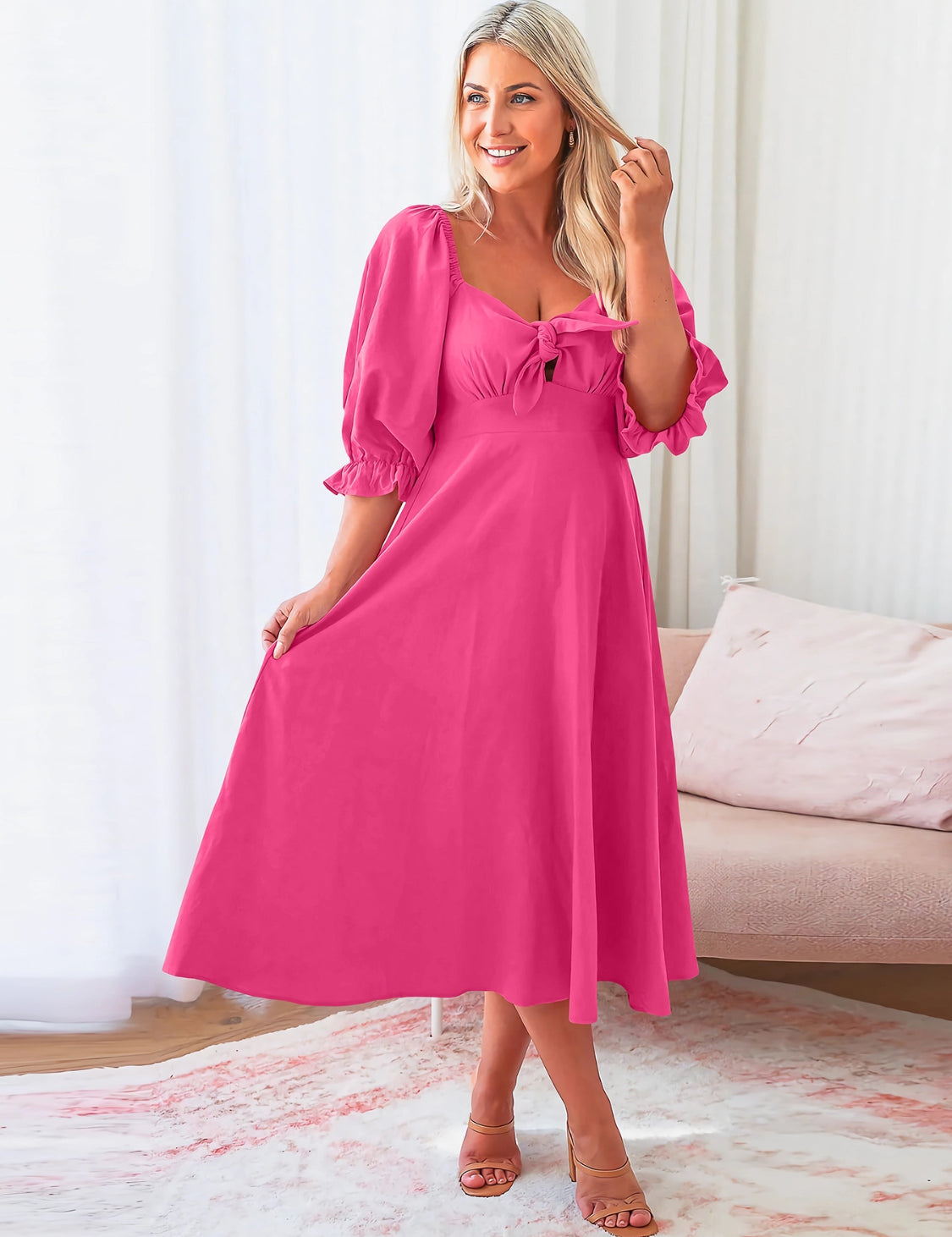 Sweetheart Neck Flounce Sleeve Midi Dress