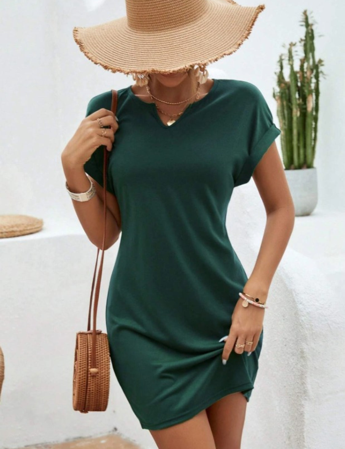 Notched Short Sleeve Mini Tee Dress