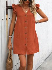 Button Up V-Neck Cap Sleeve Mini Dress