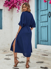 Frill Slit V-Neck Three-Quarter Sleeve Dress