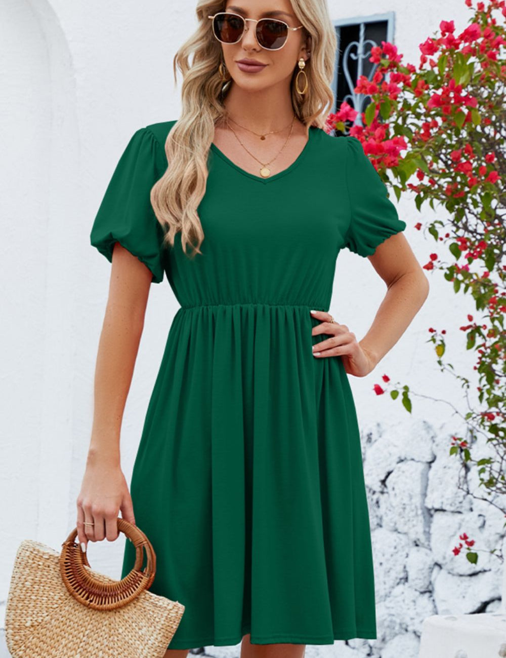 V-Neck Balloon Short Sleeve Dress