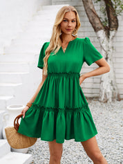 Frill Notched Short Sleeve Mini Dress