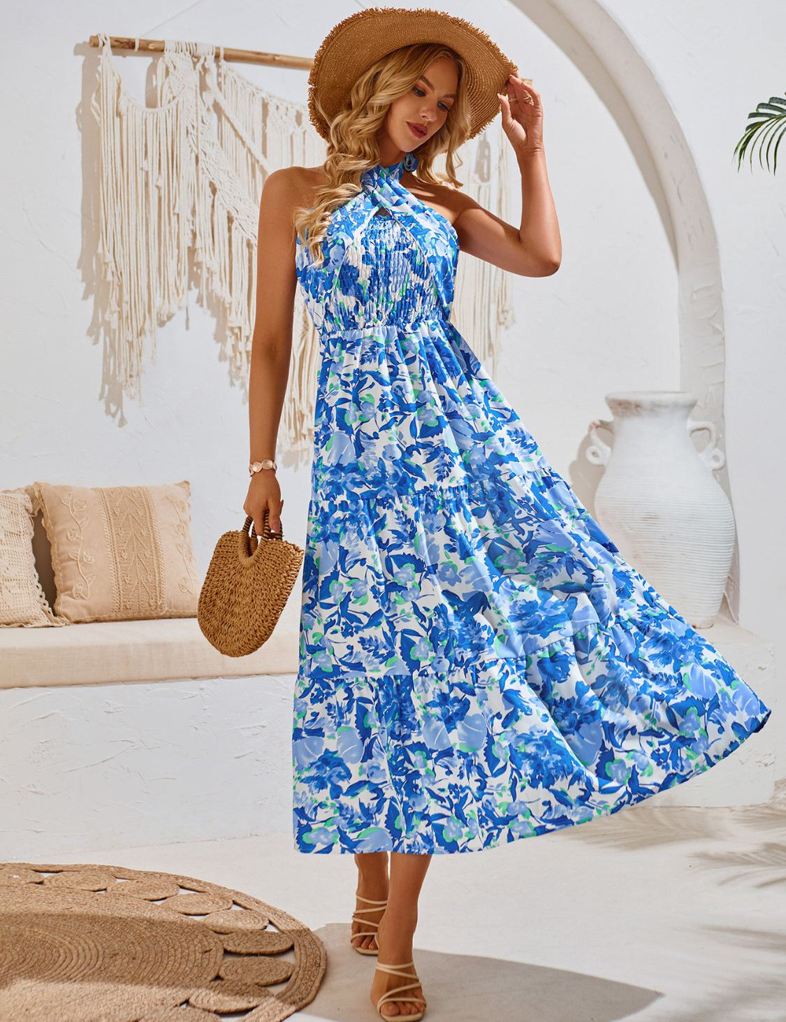 Smocked Printed Sleeveless Midi Dress