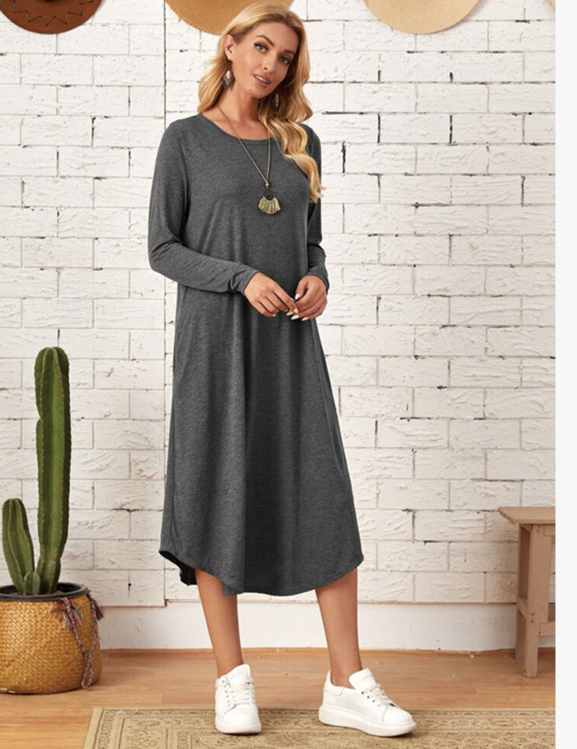 Pocketed Round Neck Long Sleeve Tee Dress