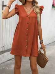 Button Up V-Neck Cap Sleeve Mini Dress