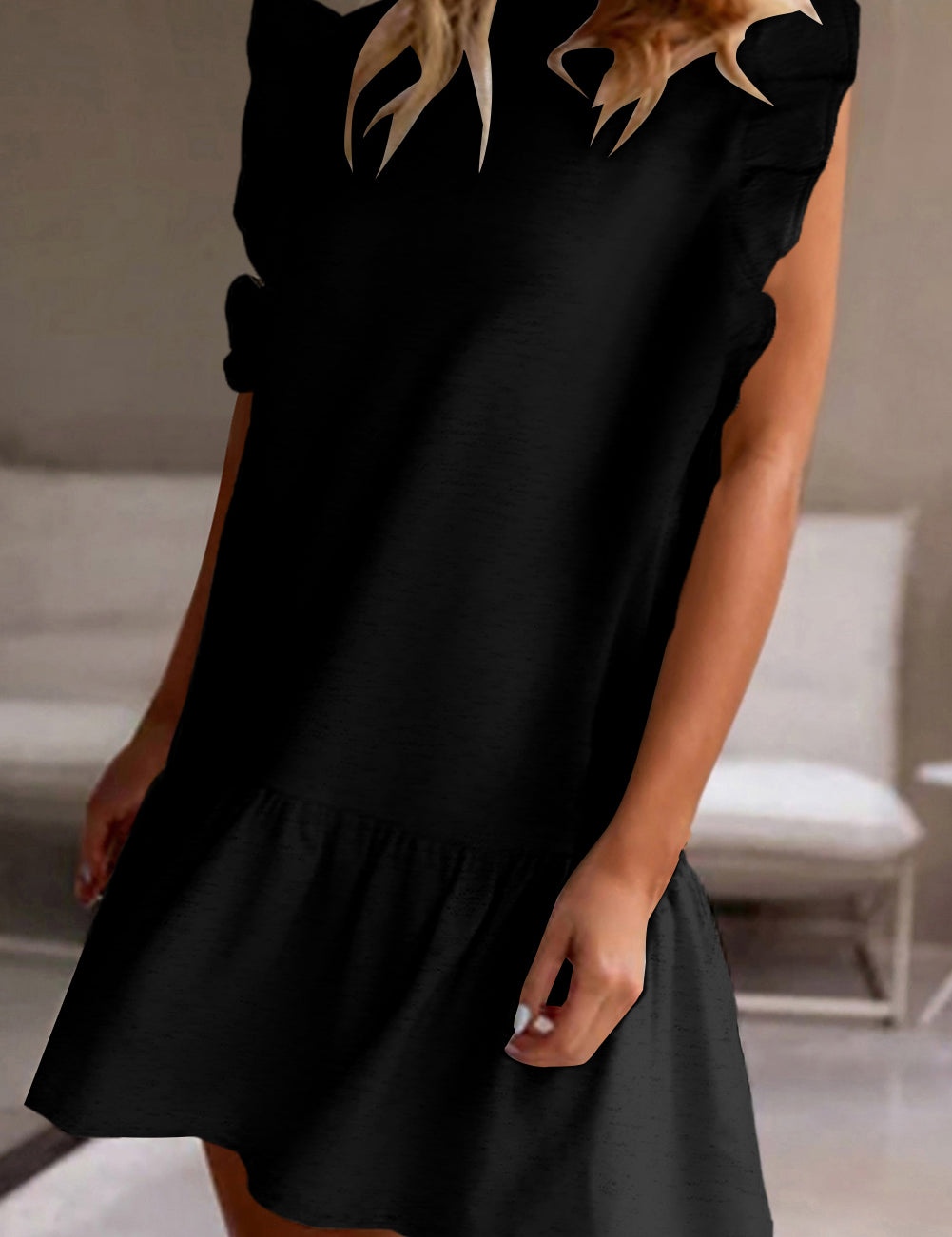 Ruffled Round Neck Cap Sleeve Mini Dress