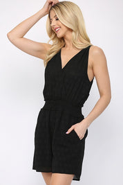 Textured Woven And Smocking Waist Romper With Back Open And Tie