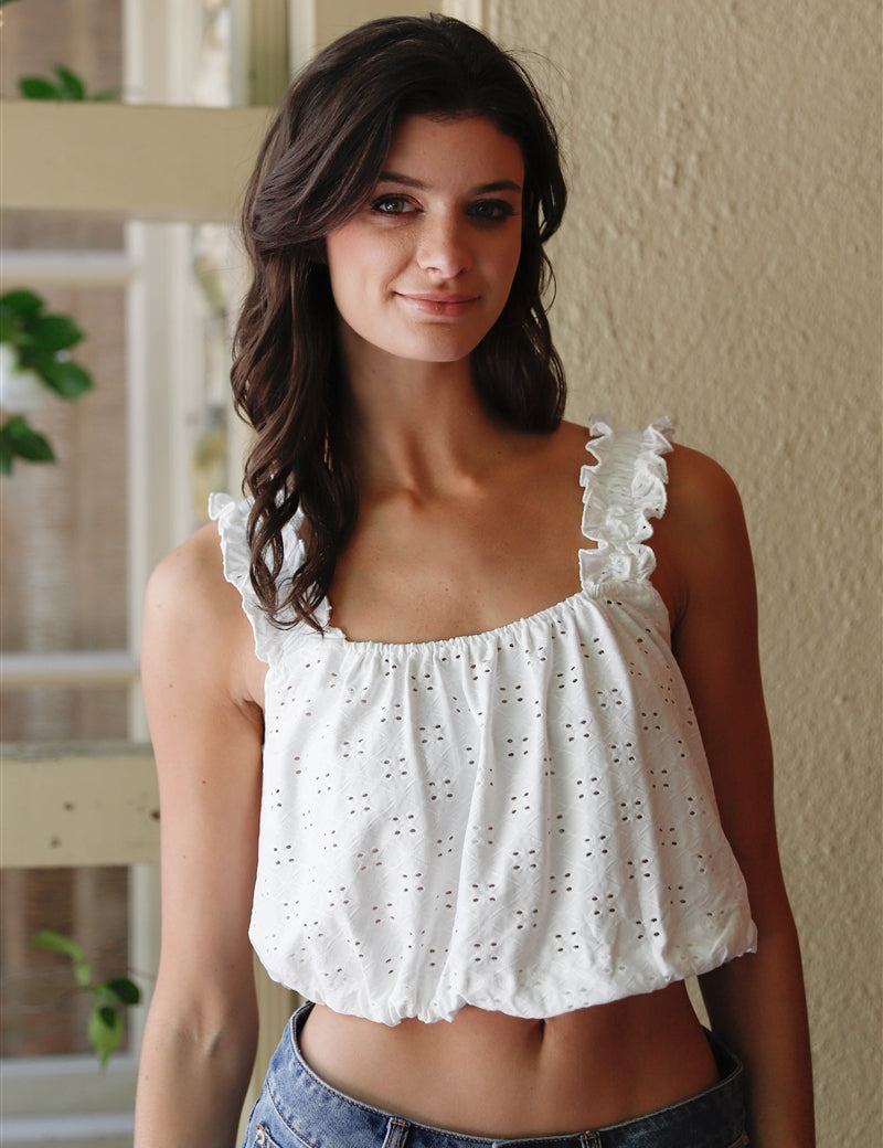 Embroidered Ruffle Trim Strap Sleeveless Crop Top