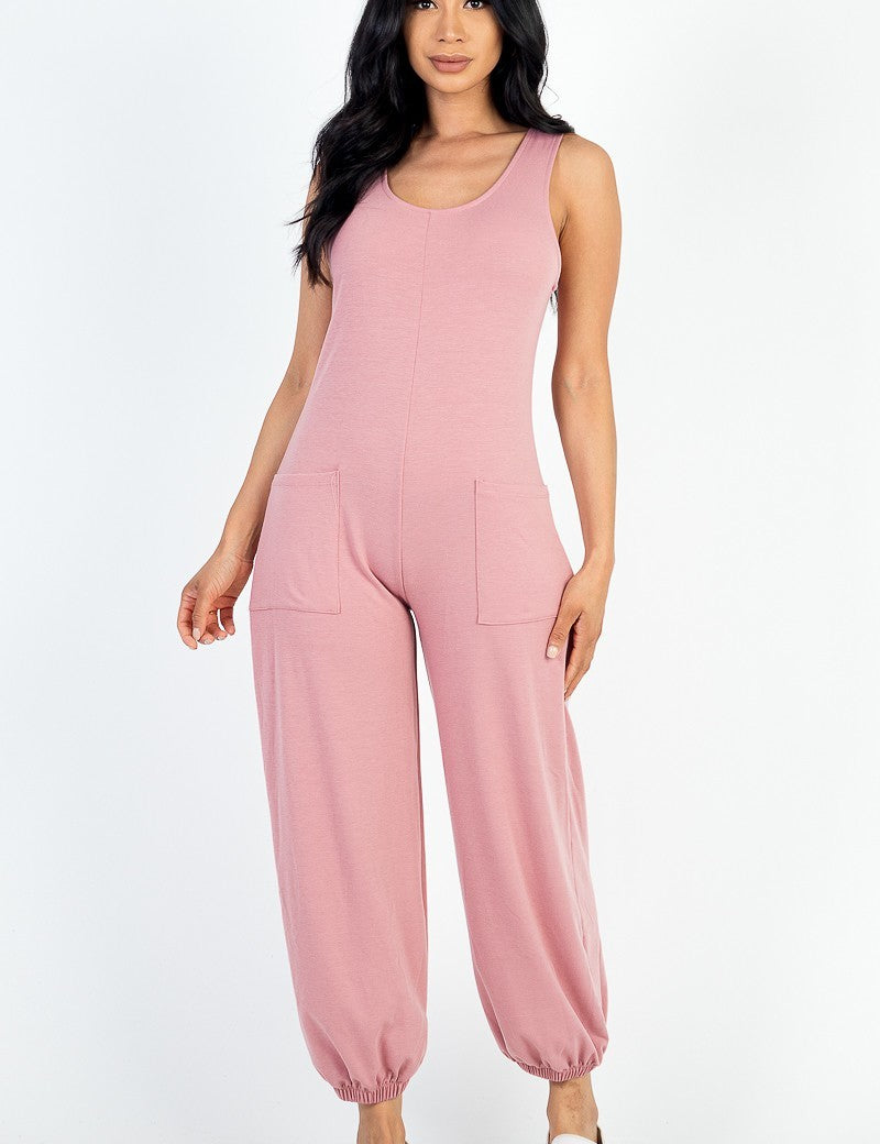 Casual Solid French Terry Sleeveless Scoop Neck Front Pocket Jumpsuit