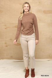 Solid And Cozy Soft Knit Mock Neck Top With Side Ruched Detail