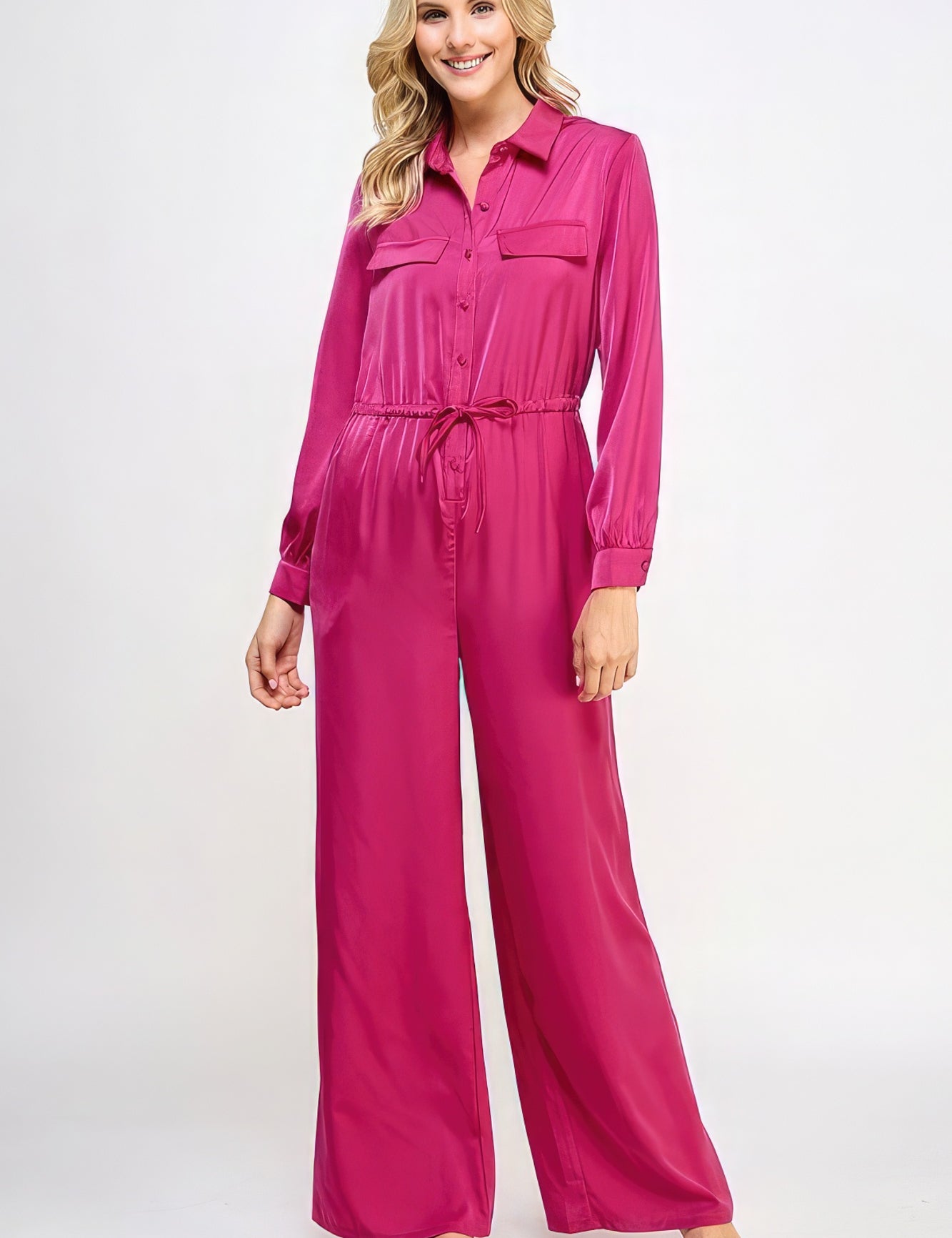 Long Sleeve Jumpsuit With Waist Drawstring